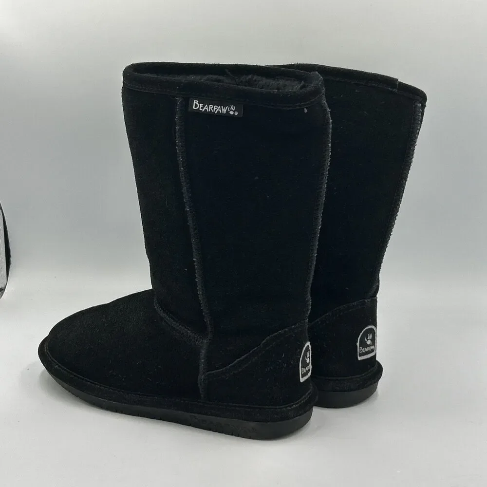 Bearpaw Elle Youth Black Suede Fur Lined Boots‎ Size 2 -Super Clean 10” High
